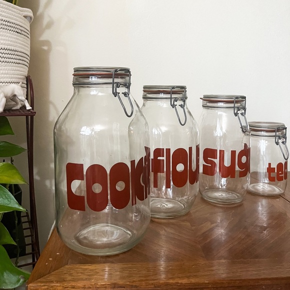 VINTAGE 60’s 70’s RARE mcm canister set block letter cookie sugar tea flour - Picture 2 of 11